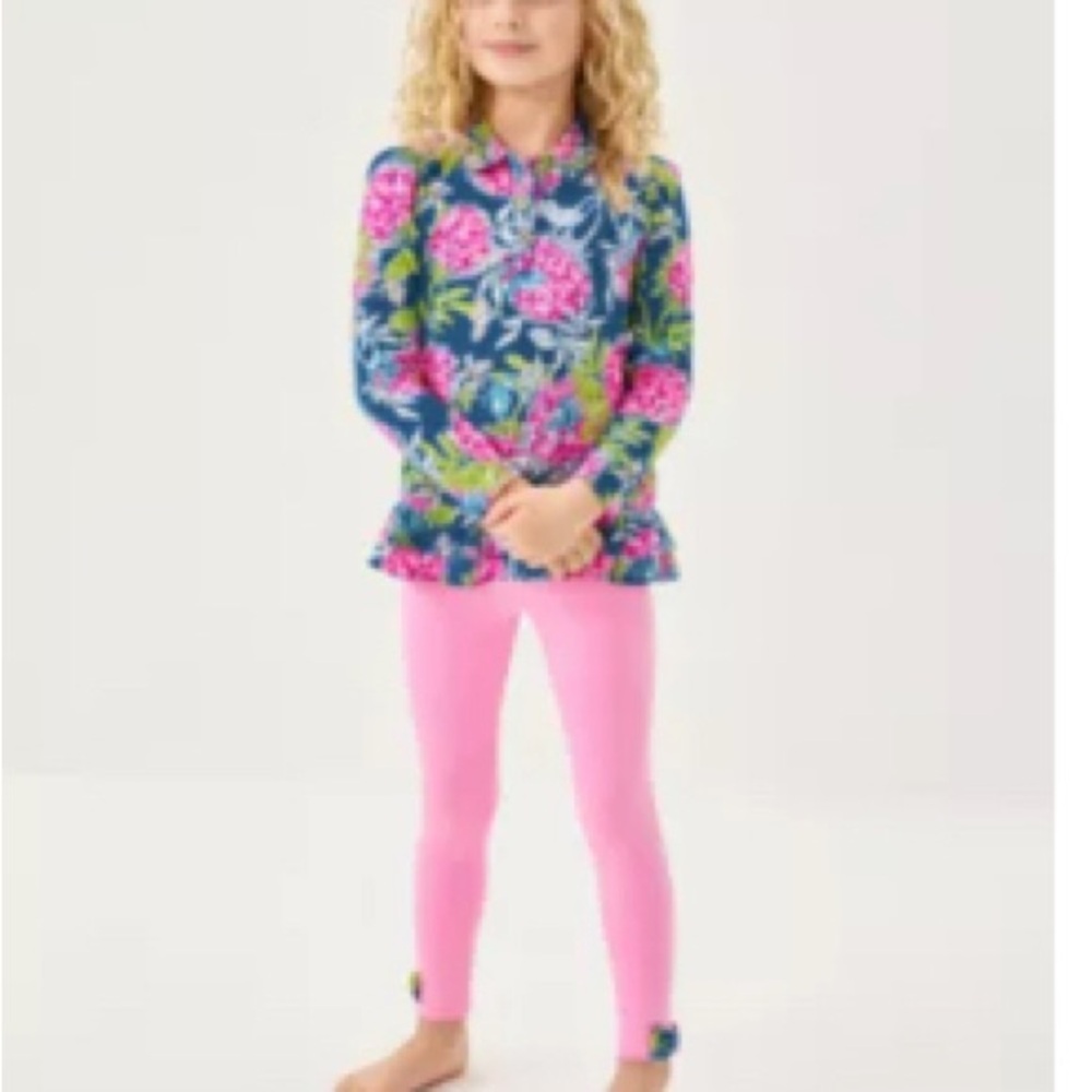 Lilly Pulitzer Navy Floral Top with Bright Pink Leggings Set NWT